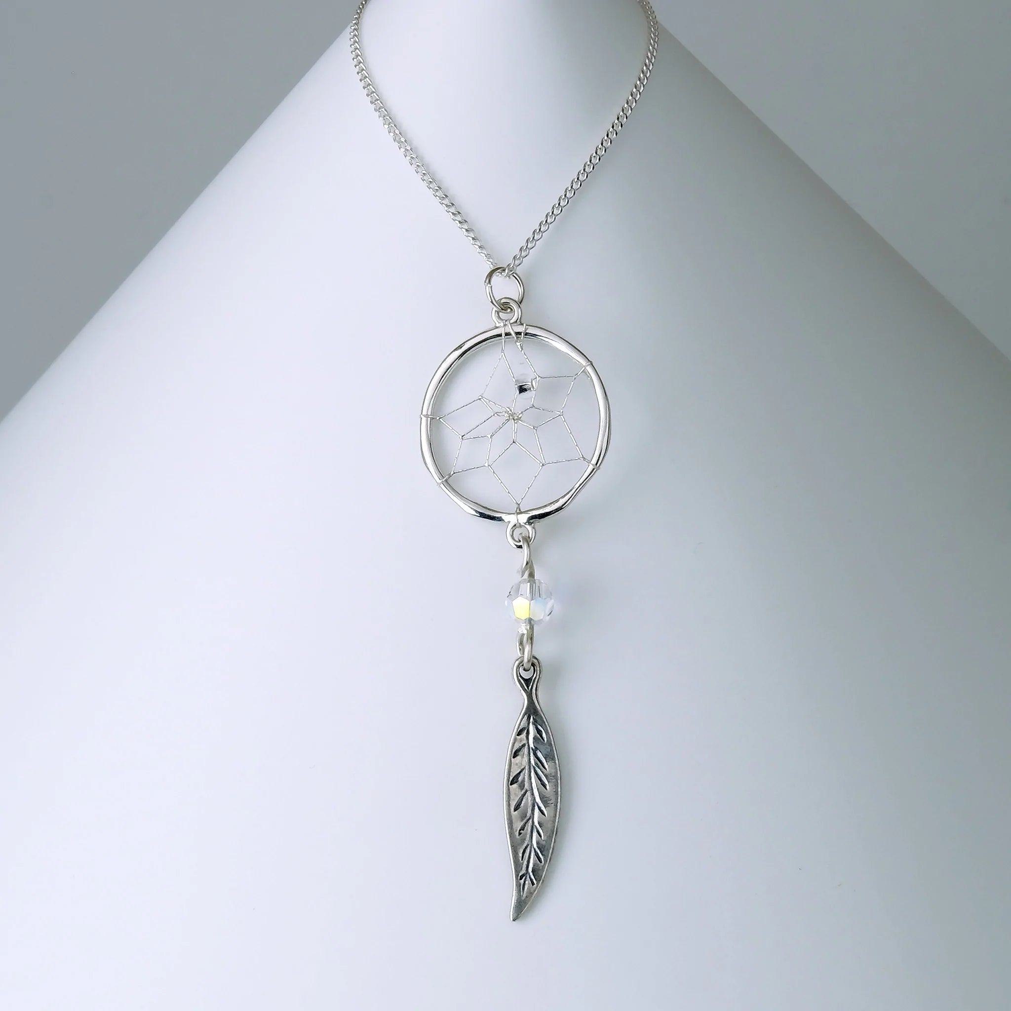 Silver Dreamcatcher pendant with Swarovski and Feather