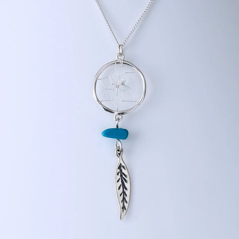 Silver Dreamcatcher pendant with Feather and Turquoise stone