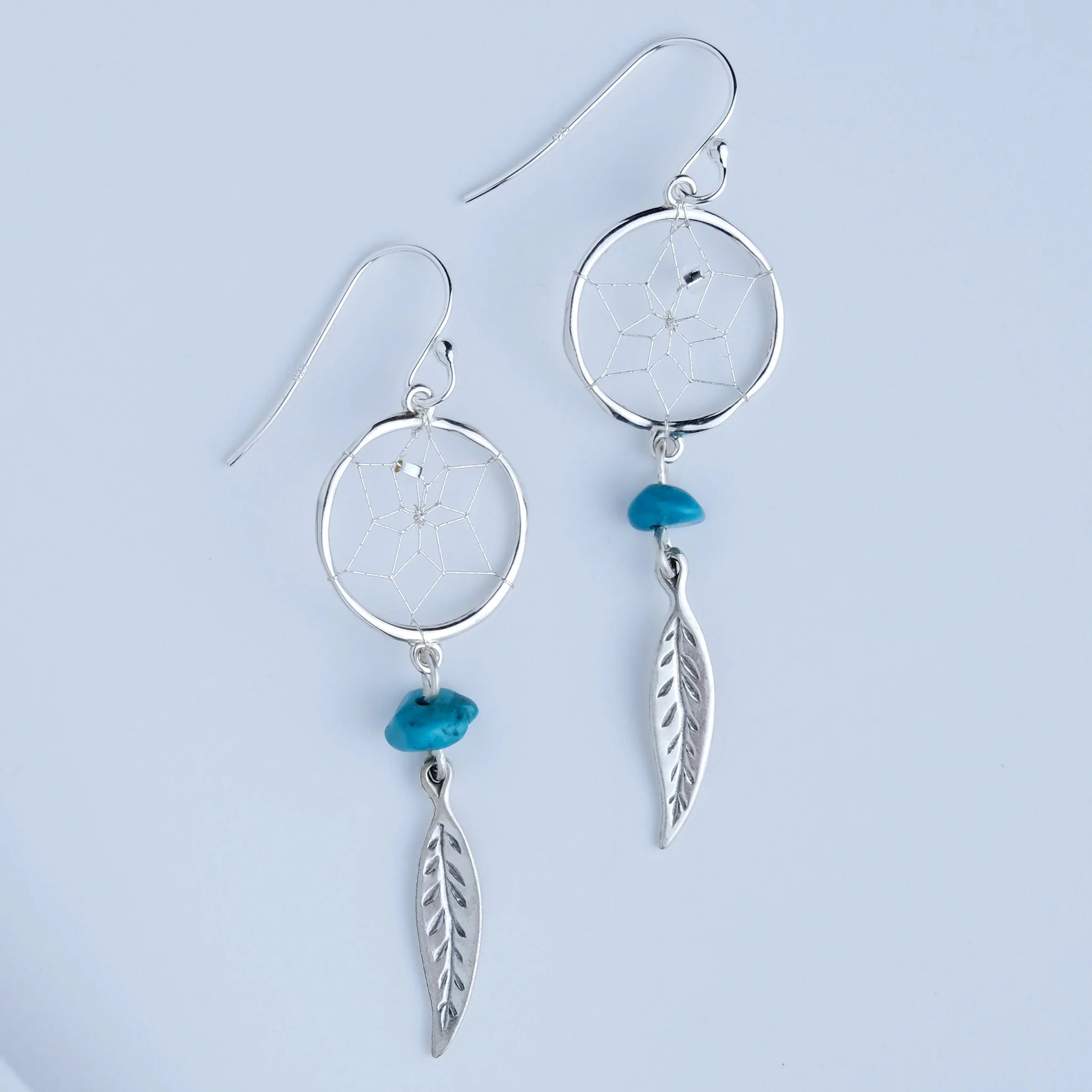 Silver Dreamcatcher Earrings with Feather and Turquoise Stone