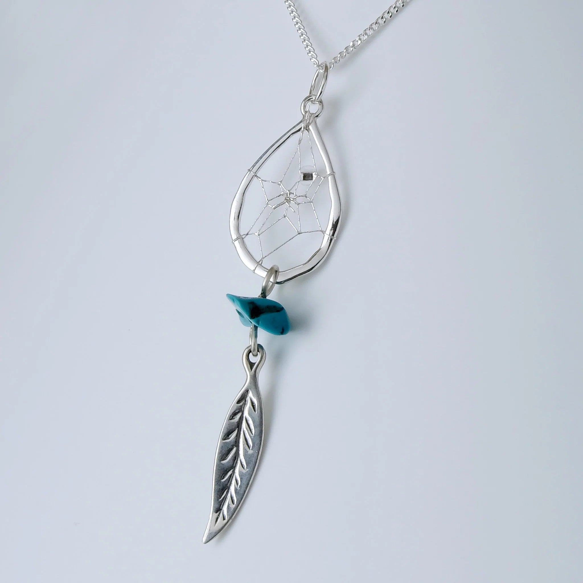 Silver Unique Dreamcatcher Pendant with Feather and Turquoise Stone