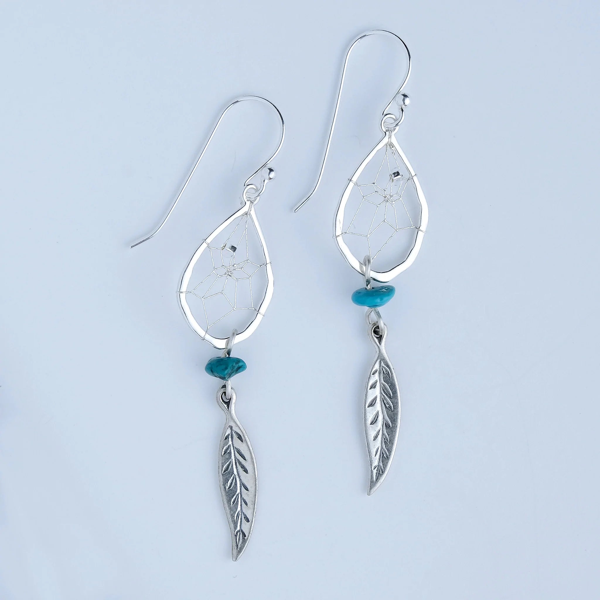 Silver Unique Dreamcatcher Earrings with Feather and Turquoise Stone